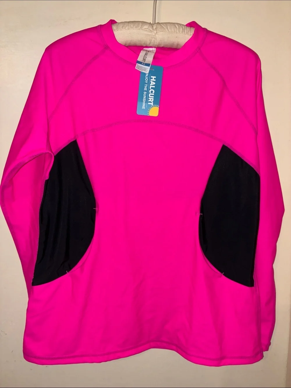 NWT Women's Hot Pink Swim Coverup Rash Guard with Black Panels Two Front Pockets